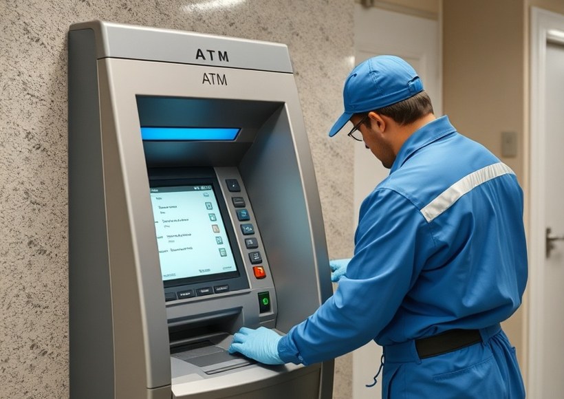 Equipo técnico trabajando sobre un terminal de autoservicio