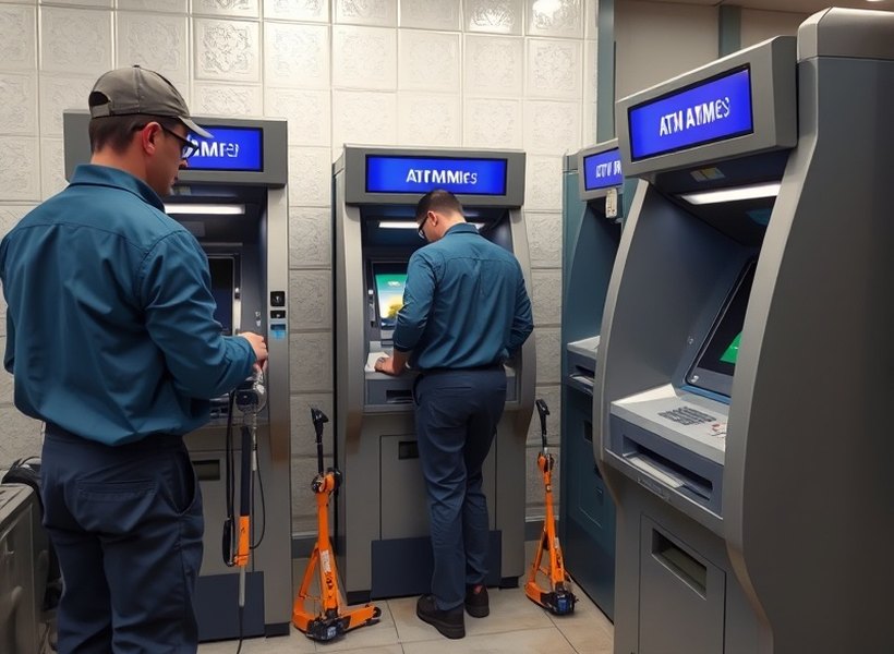 Técnico realizando el mantenimiento de un cajero automático